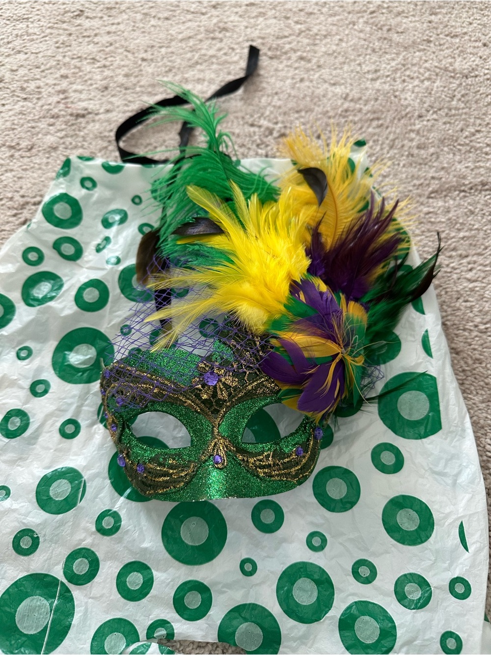 Green Glitter Mardi Gras Feather Mask